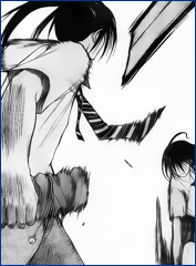 Aoi consigue cortar la espada de su rival.